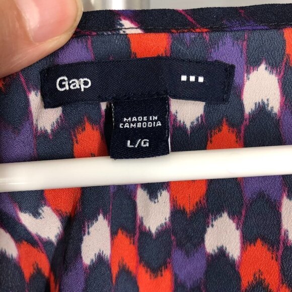 GAP Factory Purple Red Cream Chevron Ruched Asymmetrical Neckline S/S Dress Sz L - Picture 10 of 10